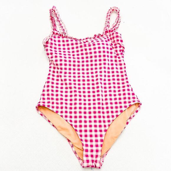 Copied - J. Crew Plaid Red Gingham One Piece Bathing Swimsuit Pink White Size M - Picture 1 of 5